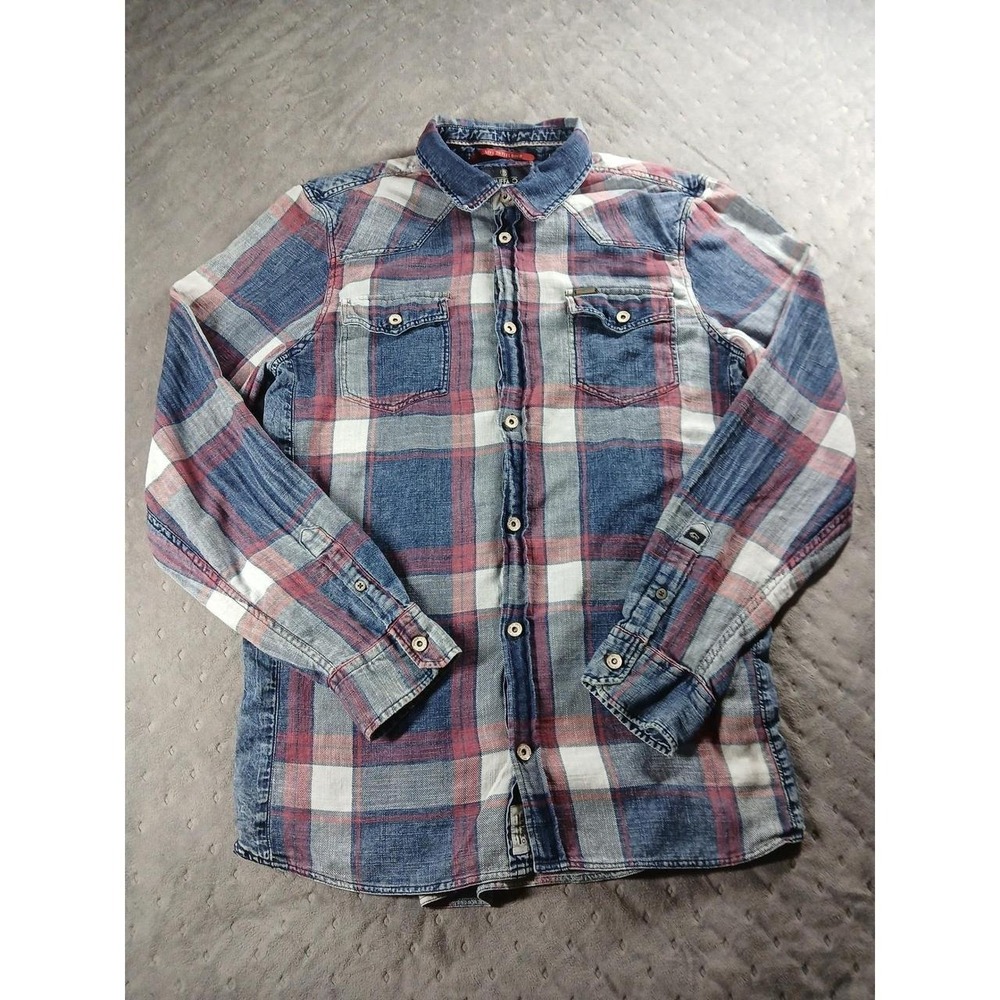 Buffalo David Bitton Mens Plaid Western Button Up Shirt Blue Red Model 100 Large - Picture 2 of 8